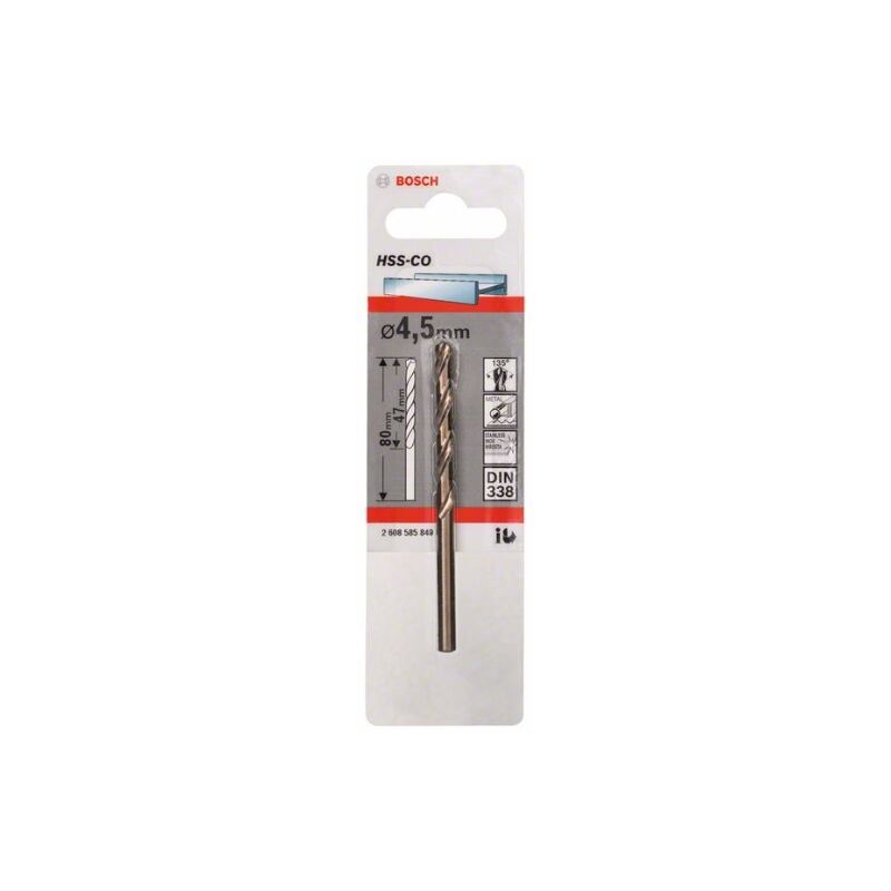 

2 608 585 849 - BROCAS METÁLICAS HSS-CO, DIN 338-4,5 X 47 X 80 MM (PACK DE 1) - Bosch