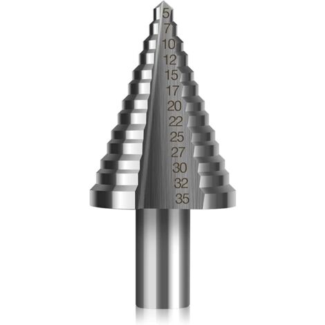 HSS countersink drill, conical double slot countersink step drill (5 mm - 35 mm) with titanium coating, solid, perfect for screwdriver drilling on steel, wood, brass, aluminum, PVC（Round shaft, 13 mm）