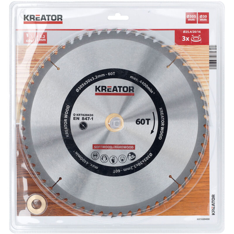 Kreator Kreissägeblatt Ø 305 X 30 X 3, 2 Mm 60 Zähne Holzsägeblatt + 3 Reduzierringe