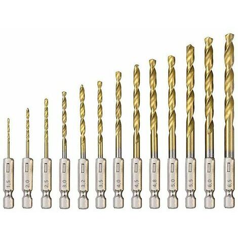 HSS-Spiralbohrer, 13-teilig, Titanbeschichteter Hochgeschwindigkeitsstahl-Sechskantbohrer, 1,5 mm – 6,5 mm, für Holz/Metall/Kunststoff-Bohren