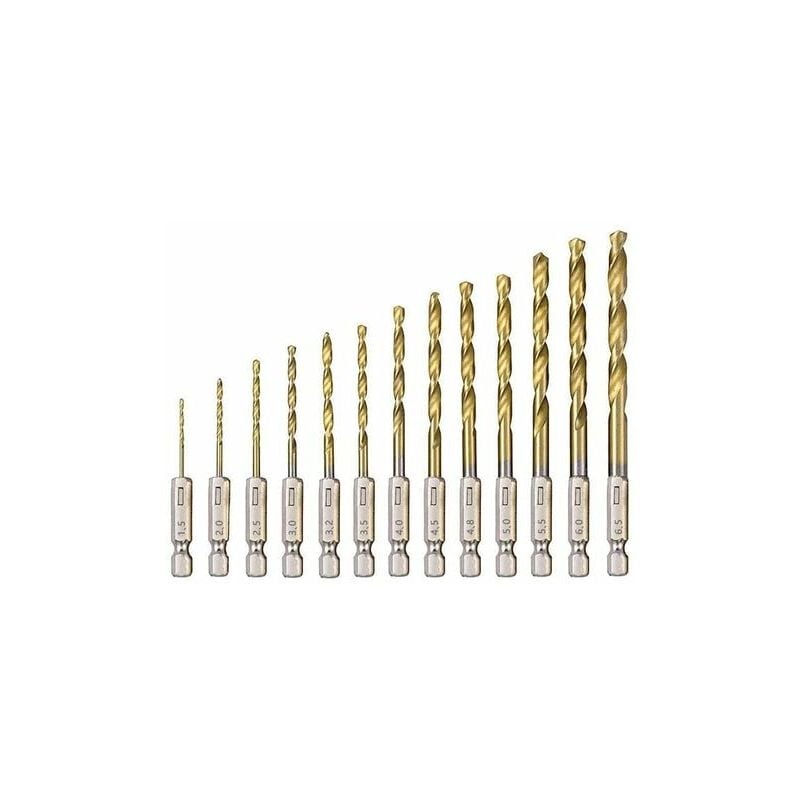 Aiperq - hss Twist Drill Bit 13Pcs High Speed Steel Hexagon Drill Bits with Titanium Coating 1.5mm - 6.5mm for Wood/Metal/Plastic Drilling