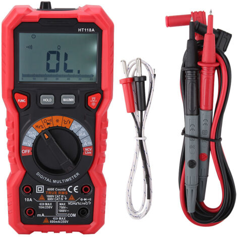 HT118A Digitalmultimeter mit Durchgangsprüfung, Frequenzmessung (Hz), Temperaturanzeige und Taschenlampe