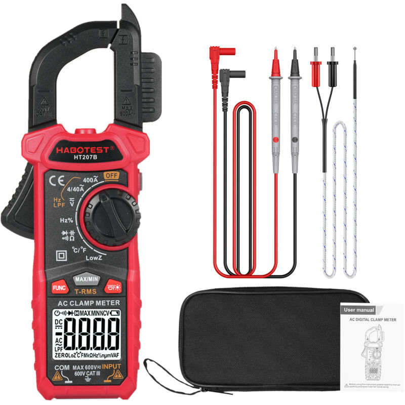 Lifcausal - HT207B Multimètre à pince numérique 4 000 points Tension ca cc Voltmètre à courant Diode Résistance Pince ampèremétrique Affichage