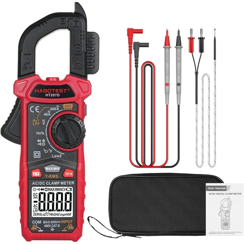 Durficst - HT207D Pince multimètre numérique 4000 points, multimètre portable, tension ac dc, voltmètre de courant, résistance de diode, pince