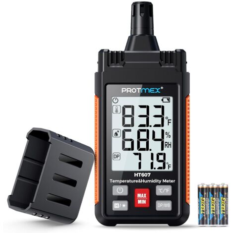 HT607 Mini igrometro digitale ad alta precisione con igrometro ambientale, umidità relativa, punto di rugiada, termometro a bulbo umido, mantenimento minimo/massimo, retroilluminazione LCD