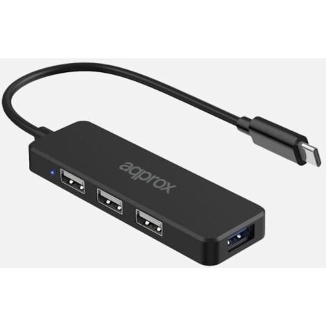 HUB 3 PORTE USB 2.0 + 1 PORTA USB 3.0 TIPO C NERO APPROSSIMATIVAMENTE