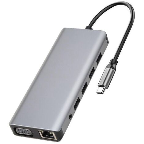 Hub adaptateur 12 en 1 Type-C : USB 3.0, HDMI, VGA 4K avec audio et prise jack 3,5 mm
