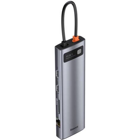 HUB multifunzione con replicatore di porte USB-C, finitura Metal Gleam, 11 in 1, colore grigio.