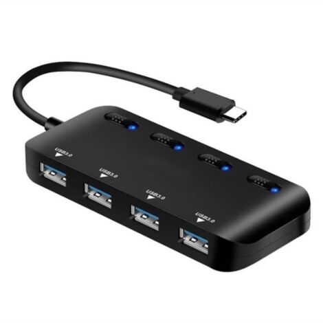Hub TYPC 3.0 Multiprise, Multi 4 Ports USB Multiple Ultra Fin avec Voyants de Commutateurs d\'alimentation IndividuelsC