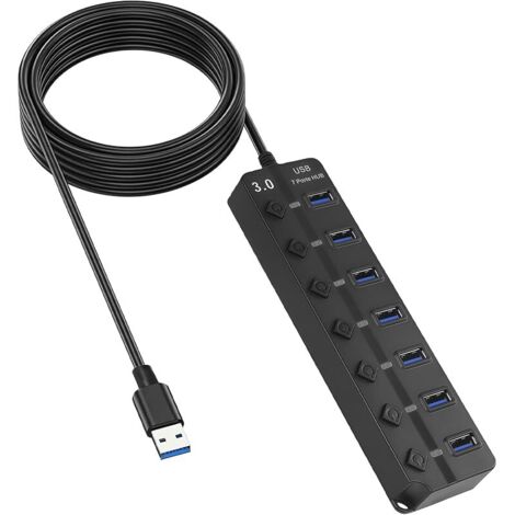 Hub USB 3.0 2.0 avec Interrupteurs Individuels, 7 Ports avec Interrupteur Interrupteurs, Multi USB, Câble Extension 1.2m, Multiport PC pour Clavier/Souris/Disque Dur