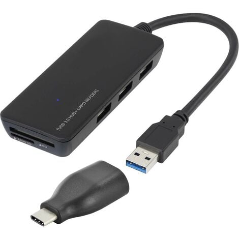 Hub USB 3.0 3 ports avec adaptateur USB type C™avec lecteur de carte SD intégré Renkforce noir