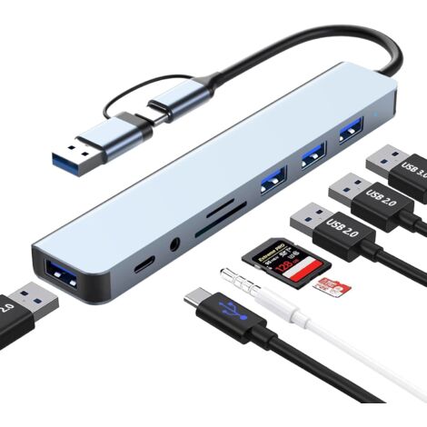 Hub USB 3.0 8 en 2, Multipuerto USB C Adaptador con Lector de Tarjetas SD TF, USB 3.0 USB 2.0 Puertos, 3,5 mm Audio Puerto, Multi Ladron Type C Extensor para PC MacBook Air Pro Galaxy iPad