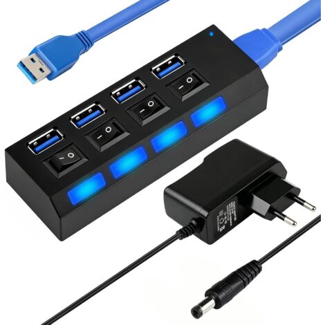 Hub USB 3.0 Alimenté, 4 Port Hub USB3.0 avec Interrupteur LED Individuelles, Port USB Multiple pour PC Ordinateur Portable, Souris et Clavier, Adaptateur Secteur 5V/2A Inclus