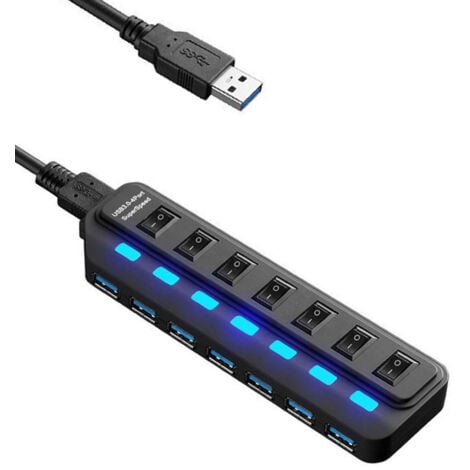 Hub USB 3.0 Alimenté 7 Port Hub de Données avec Commutateurs Individuels Répartiteur USB avec Interrupteurs Individuels et Adaptateur Secteur Compatible avec Windows/Mac/Linux DENUOTOP