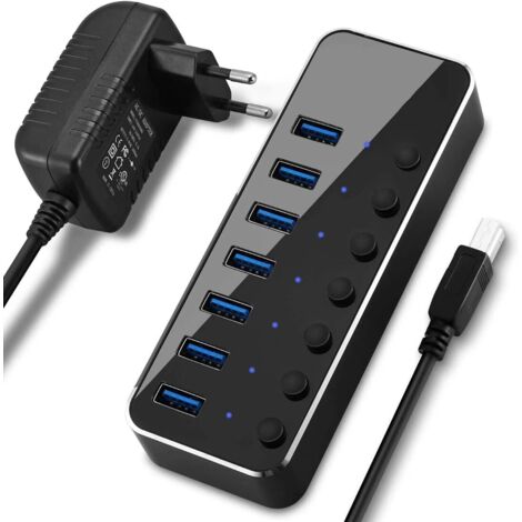 Hub USB 3.0 attivo con alimentatore Hub USB 3.0 a 7 porte Distributore di porte USB attivo in alluminio con alimentatore 5V 2A e interruttore-RAPANDA