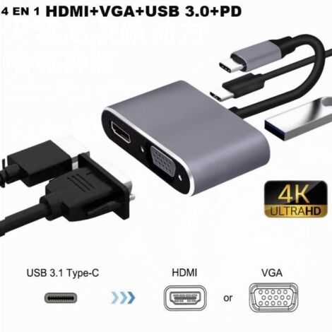 Hub USB C 4 en 1 Multiport Type C Hub Adaptateur type c vers HDMI 4K, VGA, USB3.0, type c-Argent