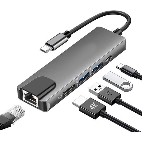 Hub USB C, 5-en-1 USB C vers HDMI, adaptateur multiport USB C avec Ethernet 100M, HDMI 4K, alimentation 100W, blanc,BISBISOUS
