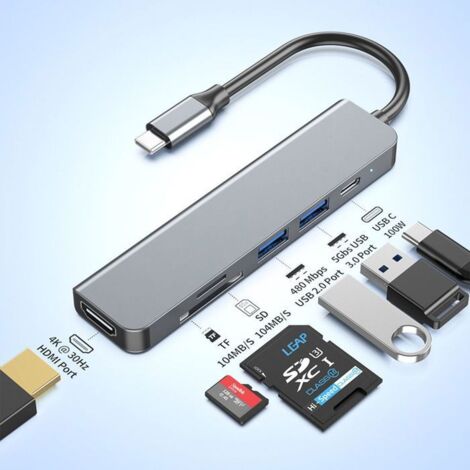 Hub USB C 6-en-1, avec HDMI 4K, USB x2, PD 100W, Lecteur de Carte SD/TF, Adaptateur USB C Multiport pour Macbook Pro & Air