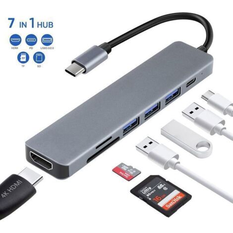 Hub USB C, 7 en 1 Hub Adaptateur Multiport Type C avec HDMI 4K, Lecteur de Cartes SD/TF, 3 Ports USB, Port PD 87W