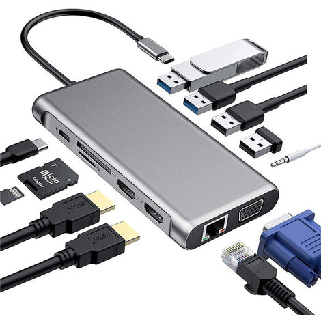 Hub USB C, station d'accueil USB C 12 en 1 adaptateur triple affichage de type C avec double chargeur HDMI 4K, DP, PD, Gigabit Ethernet, 4 ports USB, lecteur de carte SD/TF, micro/audio pour MacBook P
