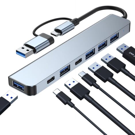Hub USB dual-head 7 in 1, connettore USB-A e USB-C, 1× USB 3.0, 4× USB 2.0, 2× porte dati USB-C, adattatore multidispositivo ad alta velocità per computer, tablet e telefoni