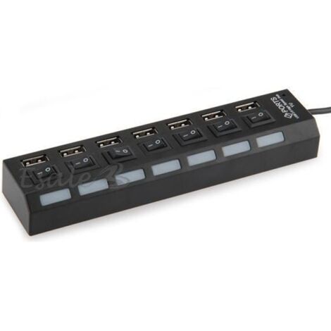 HUB USB - Noir - 7 Ports - Interrupteur ON/OFF - Lumières LED - Haute Vitesse