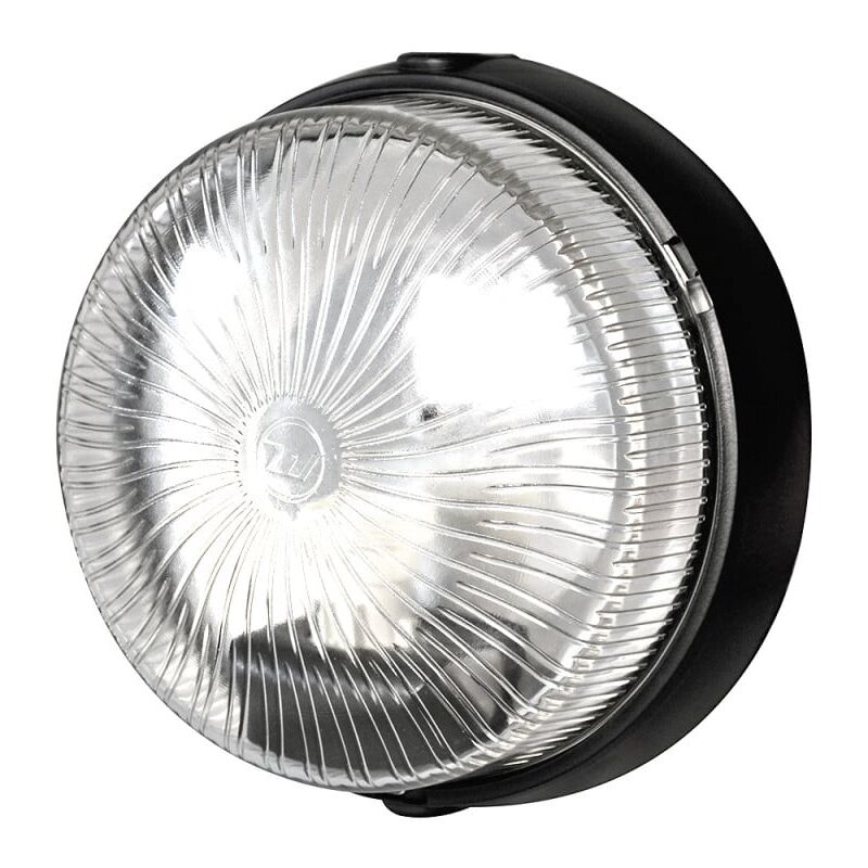 Hublot d'extérieur rond 60W IP44 – Alimentation 230V – Plastique noir avec diffuseur en verre – Installation plafonnier ou applique – Woltz