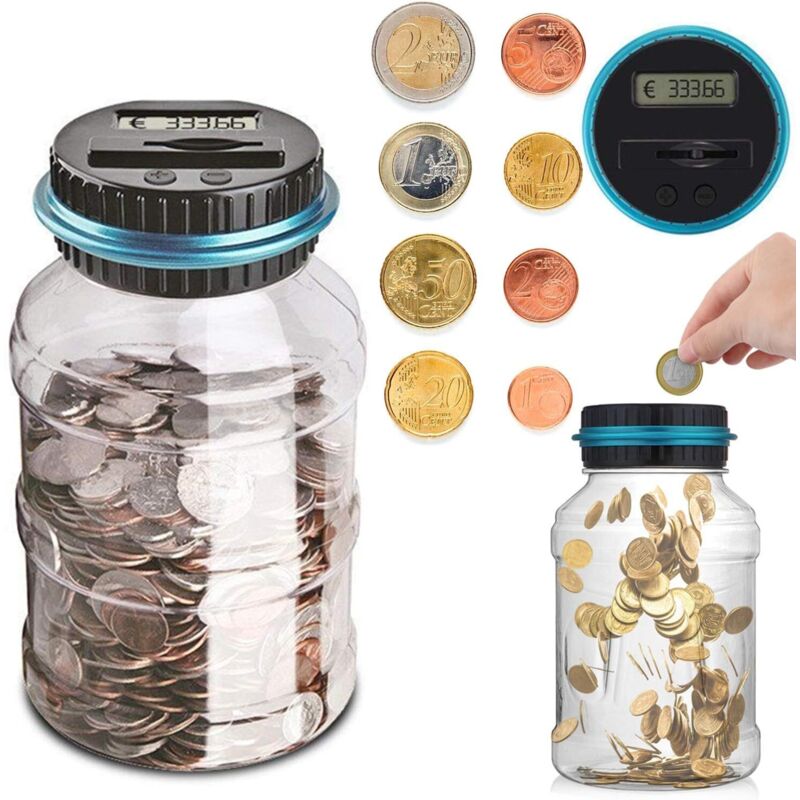 Hucha decorativa Sunsbell, tarro para ahorrar monedas de euro con pantalla LCD, gran capacidad para contar monedas, regalo infantil (1,5 l)