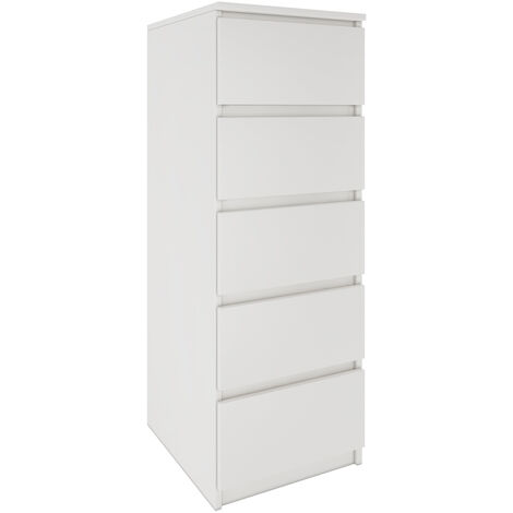 Hucoco – Commode haute 5 tiroirs 45x40x111 cm – Panneaux mélaminés résistants aux rayures – Meuble de rangement blanc mat pour chambre ou bureau