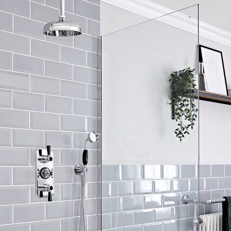 Hudson Reed Elizabeth - Kit de douche rétro - Mitigeur thermostatique à double fonctions&44 Pommeau pluie rond plafonnier de 20 cm et Kit douchette - Chromé et noir