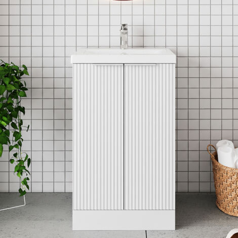 Hudson Reed Fluted Floor Standing 2-Door Vanity Unit with Basin 1 500mm Wide - Satin White