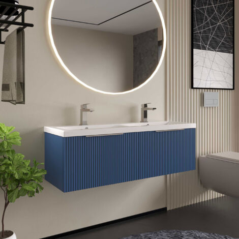 Hudson Reed Fluted Satin Blue 1200mm Wall Hung 2 Drawer Vanity Unit and Twin Ceramic Basins - DFF394F