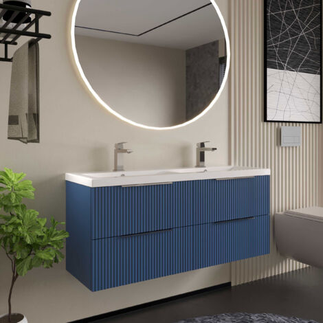 Hudson Reed Fluted Satin Blue 1200mm Wall Hung 4 Drawer Vanity Unit and Twin Ceramic Basins - DFF393F