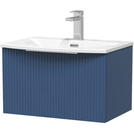 Hudson Reed Fluted Satin Blue 600mm Wall Hung Single Drawer Vanity Unit and Curved Ceramic Basin - DFF394G