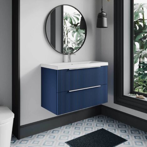 Hudson Reed Fluted Satin Blue 800mm Wall Hung 2 Drawer Vanity Unit and Thin Edge Ceramic Basin - DFF395D