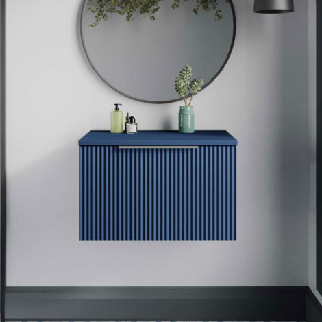 Hudson Reed Fluted Wall Hung 1-Drawer Vanity Unit with Worktop 600mm Wide - Satin Blue