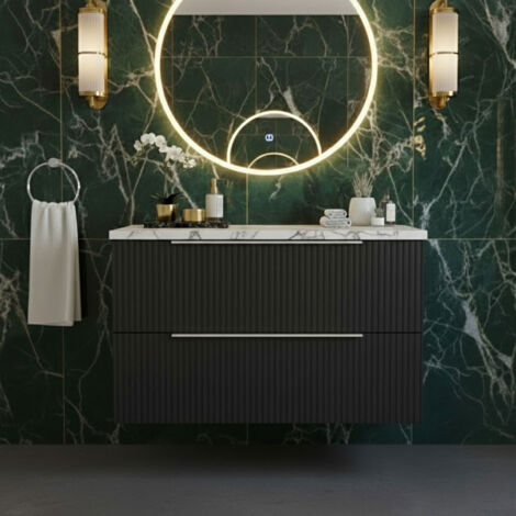 Hudson Reed Fluted Wall Hung 2-Drawer Vanity Unit with Carrera Marble Worktop 800mm Wide - Satin Anthracite