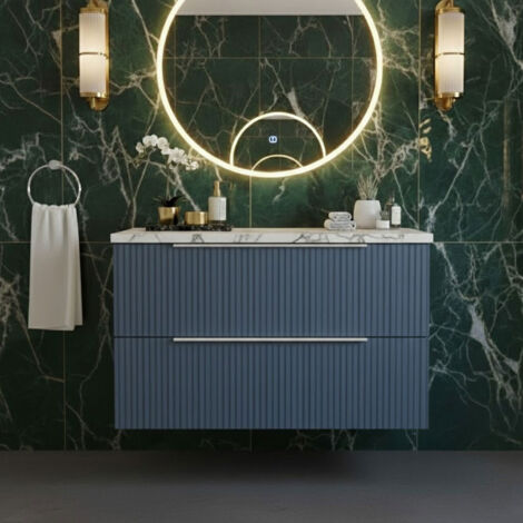 Hudson Reed Fluted Wall Hung 2-Drawer Vanity Unit with Carrera Marble Worktop 800mm Wide - Satin Blue