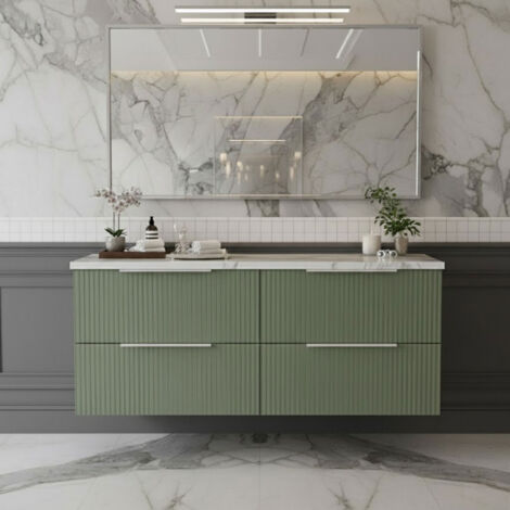 Hudson Reed Fluted Wall Hung 4-Drawer Vanity Unit with Carrera Marble Worktop 1200mm Wide - Satin Green