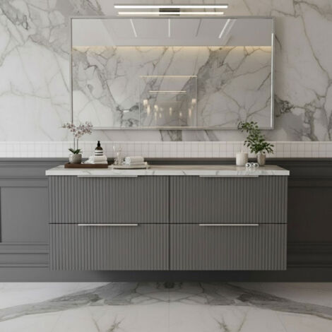 Hudson Reed Fluted Wall Hung 4-Drawer Vanity Unit with Carrera Marble Worktop 1200mm Wide - Satin Grey