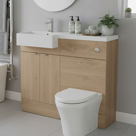 Hudson Reed Fusion Bleached Oak Woodgrain 1000mm 2 Door Combination Vanity Unit Toilet Suite with Left Hand Square Semi Recessed Basin - CBI3048
