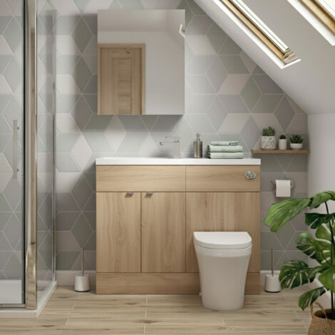 Hudson Reed Fusion Compact Bleached Oak Woodgrain 1000mm 2 Door Combination Vanity Unit Toilet Suite - CBI3042