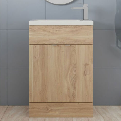 Hudson Reed Fusion Compact Floor Standing 2-Door Vanity Unit with Basin 600mm Wide - Bleached Oak