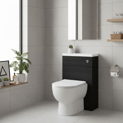 Hudson Reed Fusion Compact WC Unit with Polymarble Worktop 600mm Wide - Charcoal Black Woodgrain