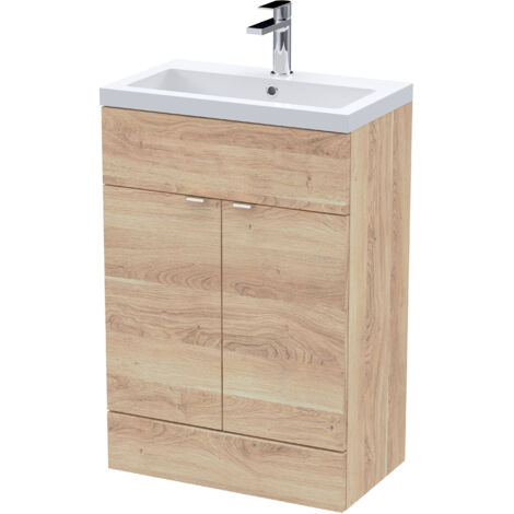 Hudson Reed Fusion Floor Standing 2-Door Vanity Unit with Basin 600mm Wide - Bleached Oak