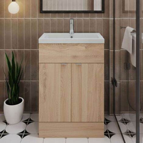 Hudson Reed Fusion Floor Standing 2-Door Vanity Unit with Ceramic Basin 600mm Wide - Bleached Oak