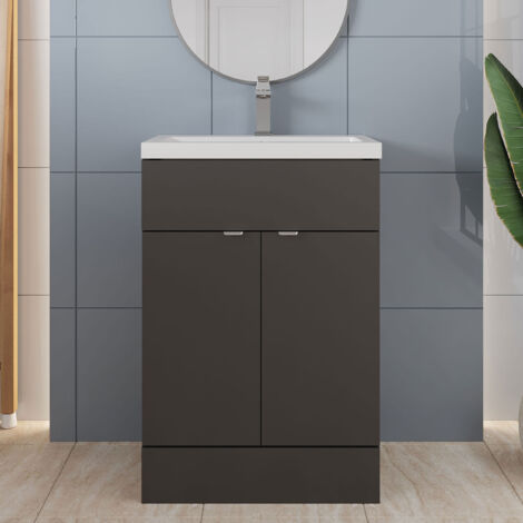 Hudson Reed Fusion Floor Standing Vanity Unit with Ceramic Basin 600mm Wide - Gloss Grey