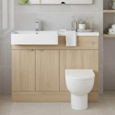 Hudson Reed Fusion LH Combination Unit with Square Semi Recessed Basin 1100mm Wide - Bleached Oak