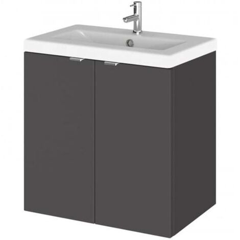 Hudson Reed Fusion Wall Hung 2-Door Vanity Unit with Ceramic Basin 500mm Wide - Gloss Grey
