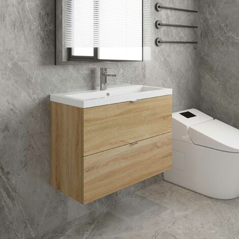 Hudson Reed Fusion Wall Hung 2-Drawer Vanity Unit with Basin 800mm Wide - Natural Oak